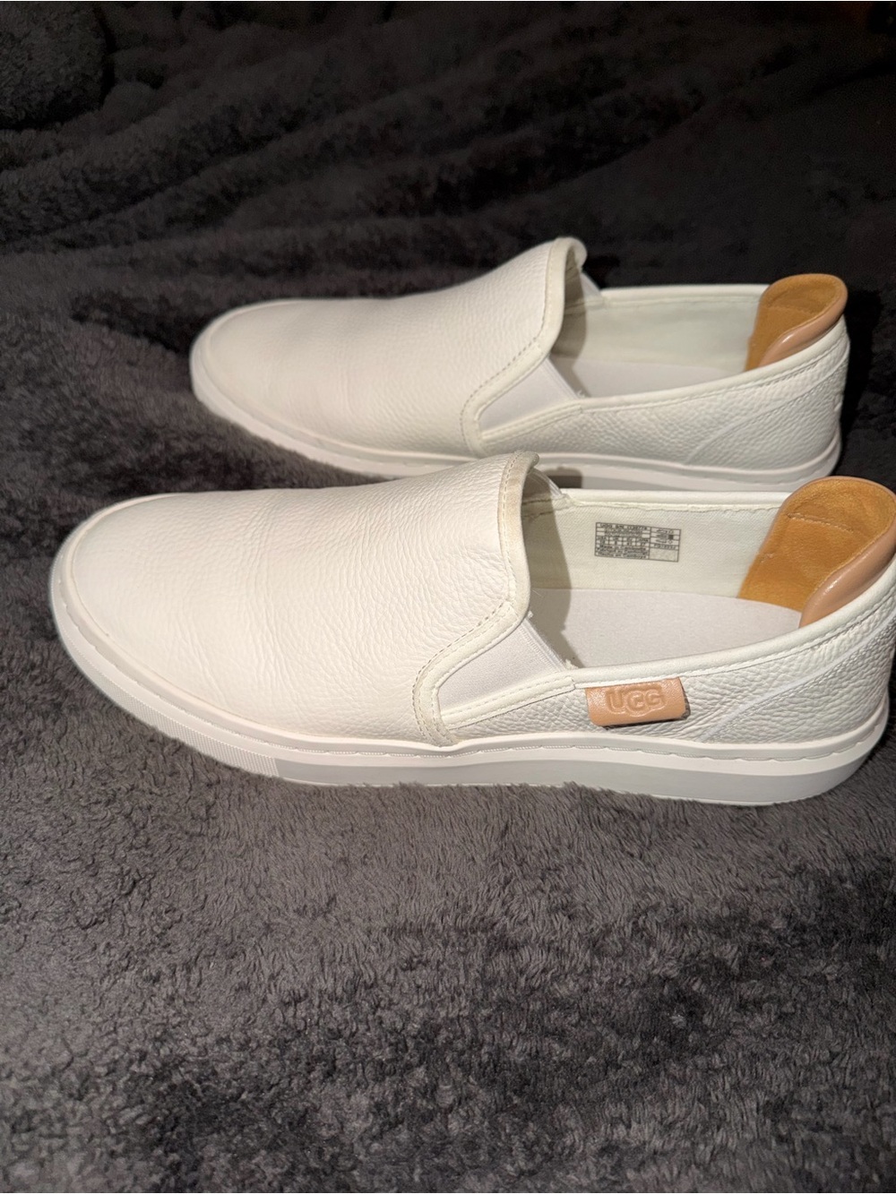 UGG Women's White Slip-On Leather Loafers with Tan Heel Tab